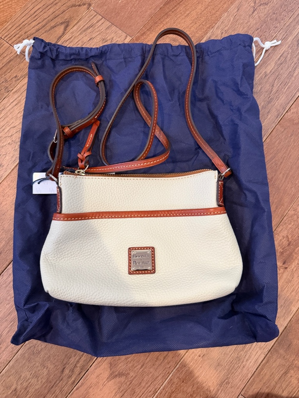 Dooney & Bourke Cream Pebbled Leather Crossbody with Brown Trim